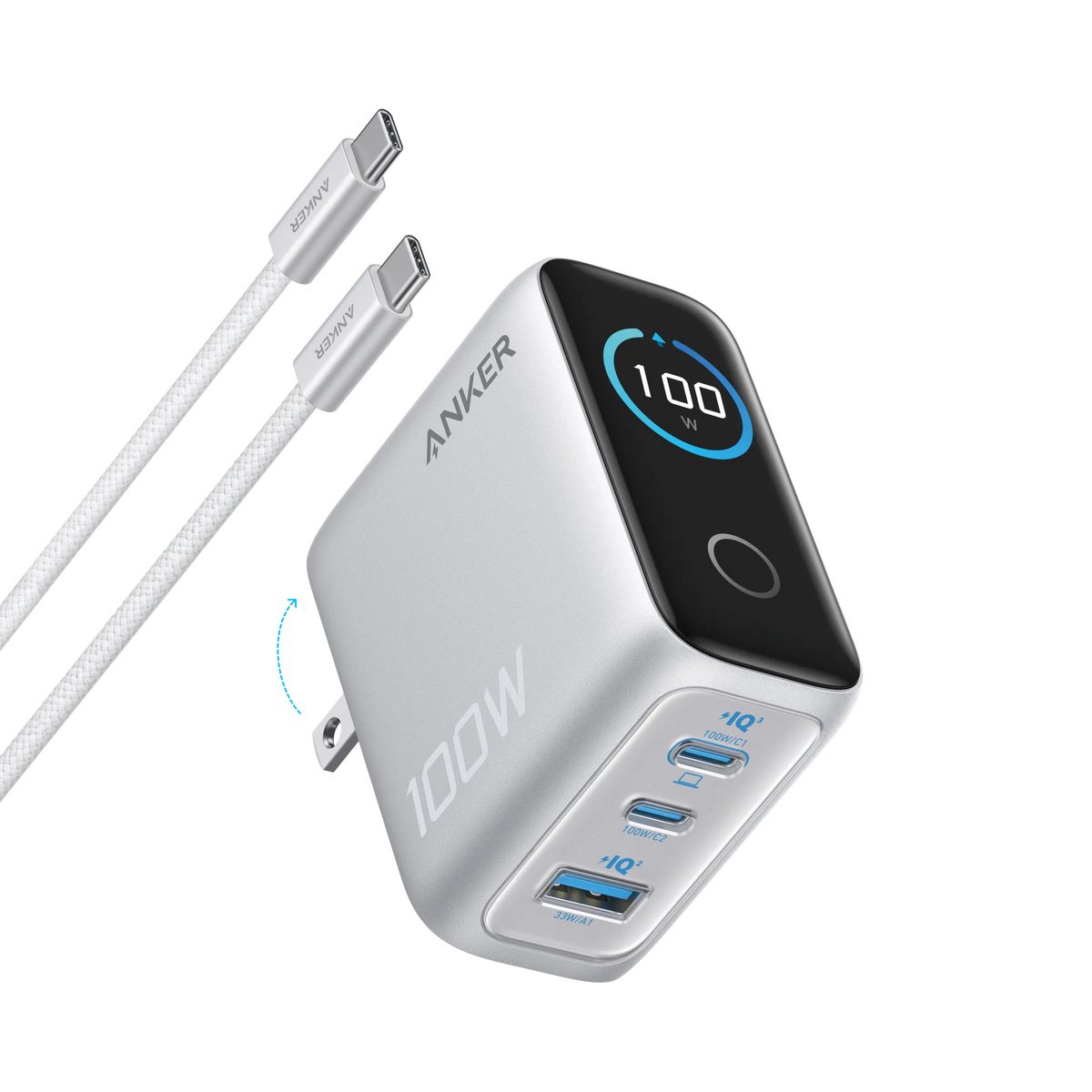 Anker Charger (100W, 3 Ports, Smart Display)