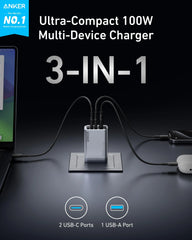 Anker Prime Charger (100W, 3 Ports, GaN) and Anker USB-C to USB-C Cable (3 ft / 6 ft, 240W, Upcycled-Braided)